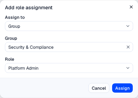 The Add role assignment dialog with Assign to set to Group and the group picker showing directory groups
