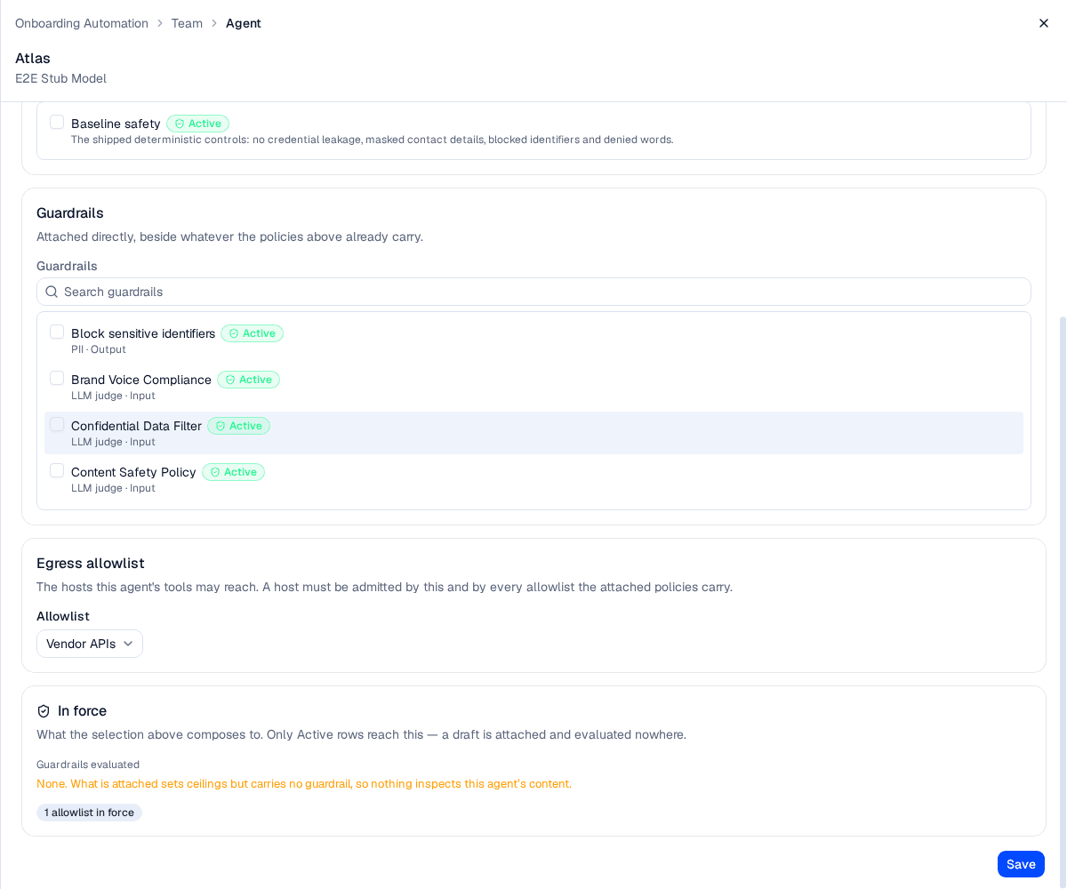 An agent's Guardrails tab with the Vendor APIs allowlist selected and the In force panel reporting one allowlist in force
