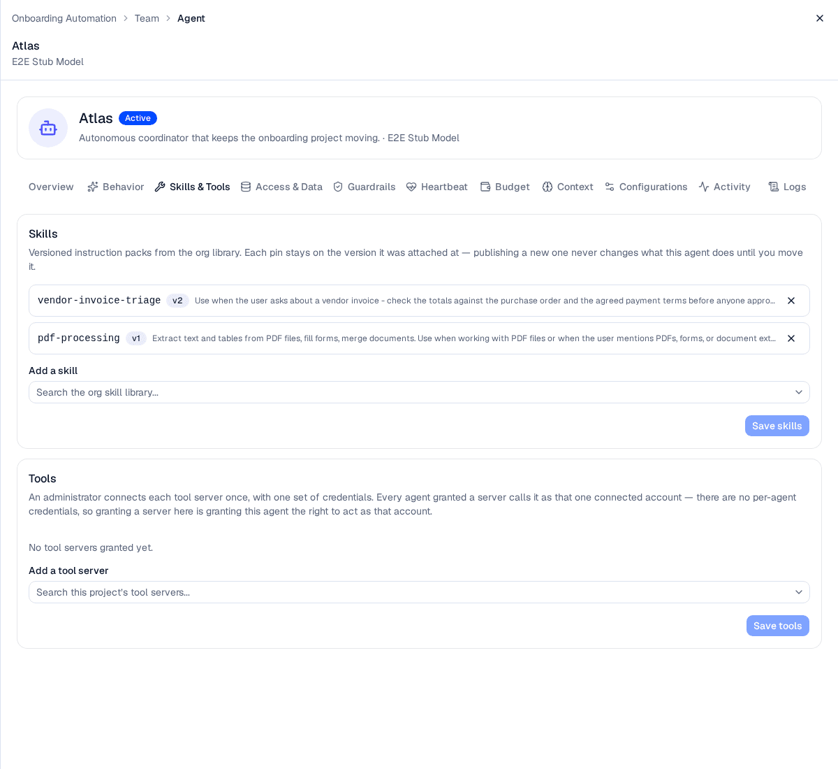 An agent's Skills & Tools tab with two pinned skills showing their version badges, the org-library picker beneath them, and the Tools card below