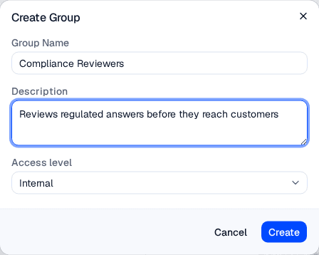 Create Group dialog with Group Name, Description and an Access level selector showing Internal