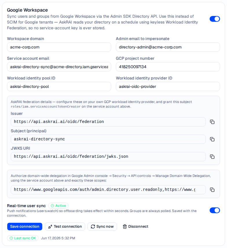 The Google Workspace card showing the workspace domain, admin email, the service-account email, the GCP project number, workload identity pool and provider IDs, the AskRAI federation issuer, subject, and JWKS URI to authorize, the read-only scopes, real-time user sync active, and a successful last sync