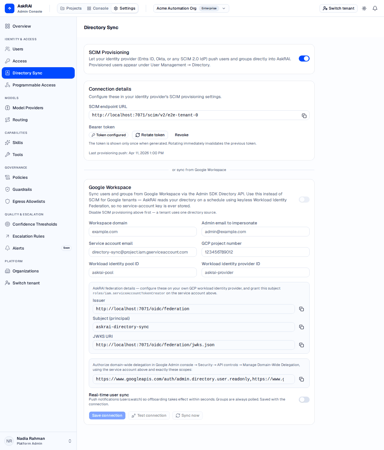 The Directory Sync settings page showing the SCIM Provisioning card with connection details and the Google Workspace card configured and actively syncing