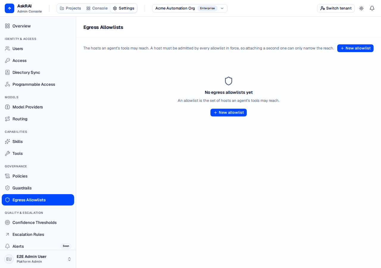The Egress Allowlists page with no allowlists, showing the empty state and a New allowlist button