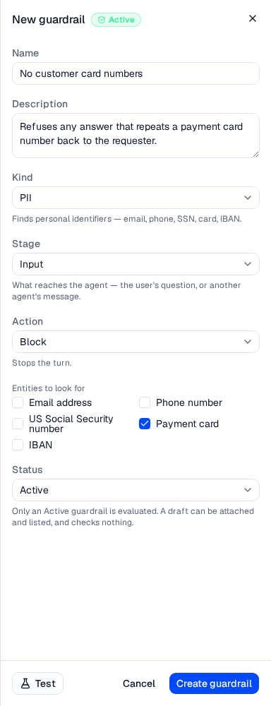 The New guardrail sheet with name, description, kind PII, stage Input, action Block, and the payment card entity selected