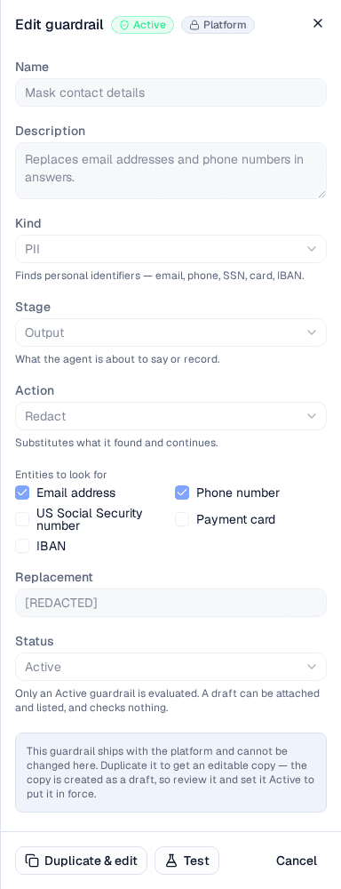 The editor open on the platform guardrail Mask contact details, with every field read-only and Duplicate & edit in the footer