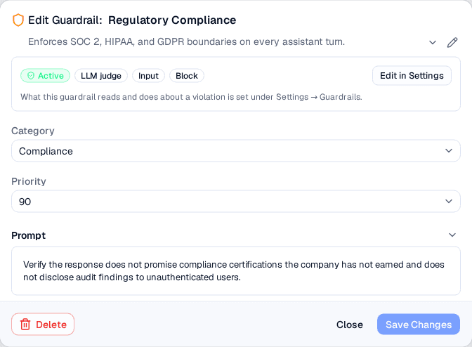 The guardrail editor for a tenant guardrail, showing the Active, LLM judge, Input and Block badges above Category, Priority and Prompt, with Edit in Settings, Delete and Save Changes