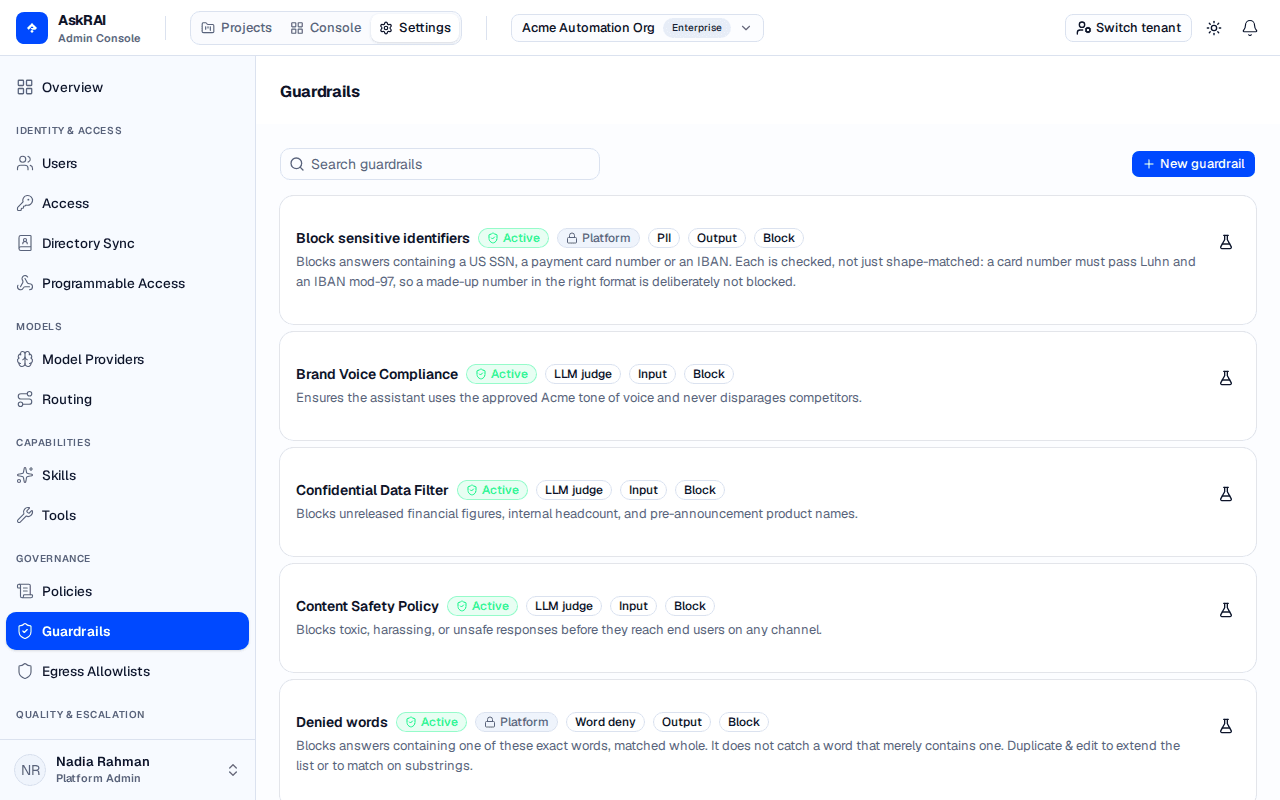 The Settings Guardrails page listing guardrails as cards, each with status, kind, stage and action badges