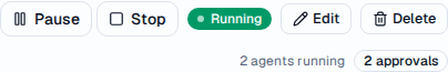 The run controls in the project header: Pause and Stop buttons, a green Running badge, and a count of running agents and pending approvals