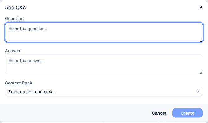 Add Q&A dialog with question, answer, and content pack fields