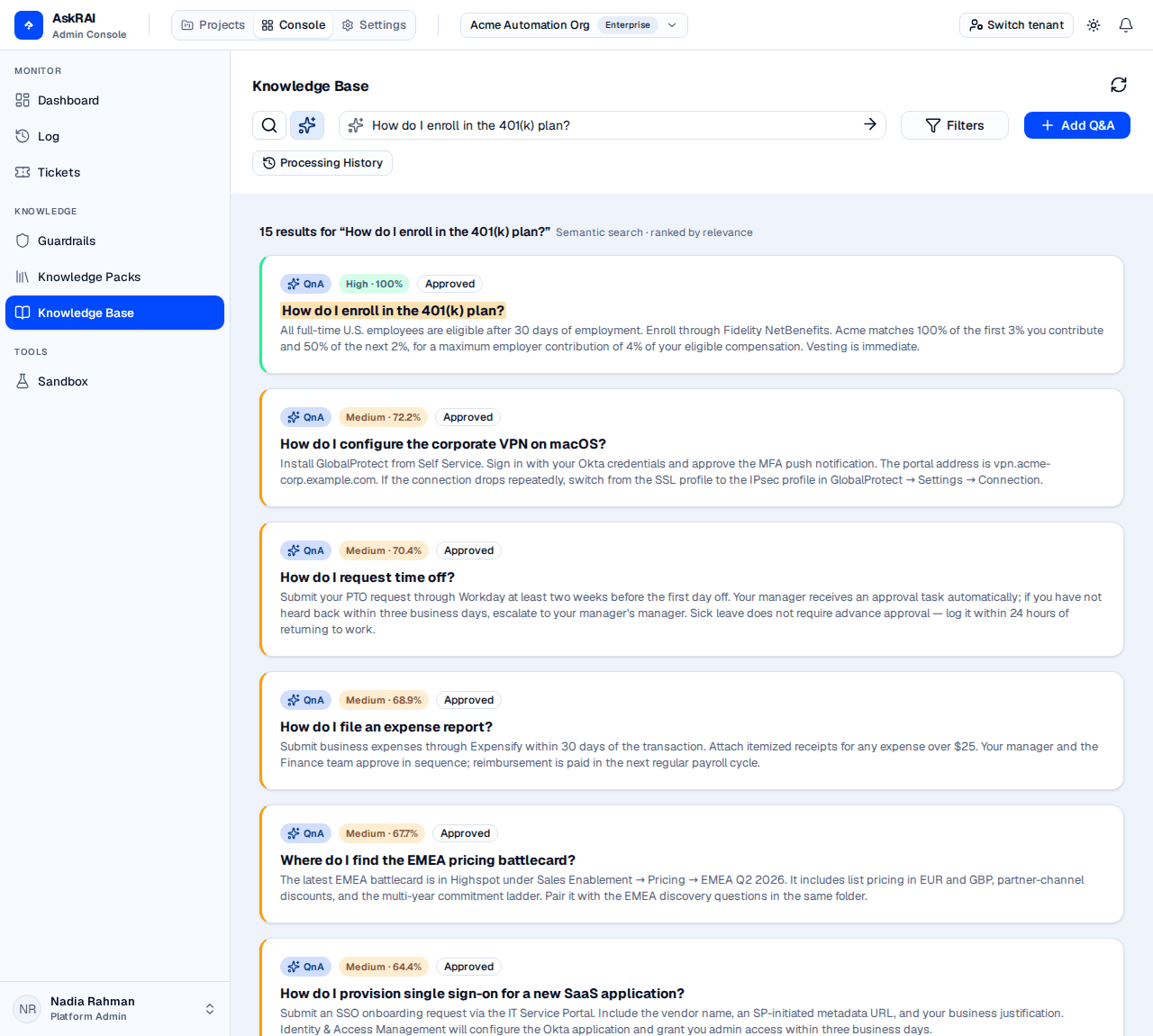 Knowledge Base page in AI Search mode showing a query and its ranked result cards, each with a confidence chip and a status badge