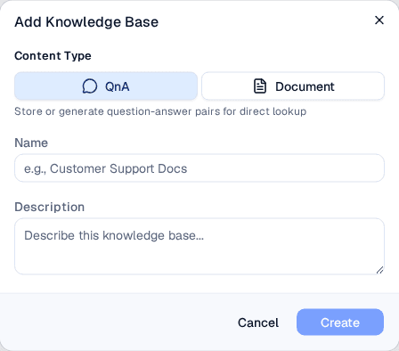 Add Knowledge Base dialog with content type toggle, name, and description fields