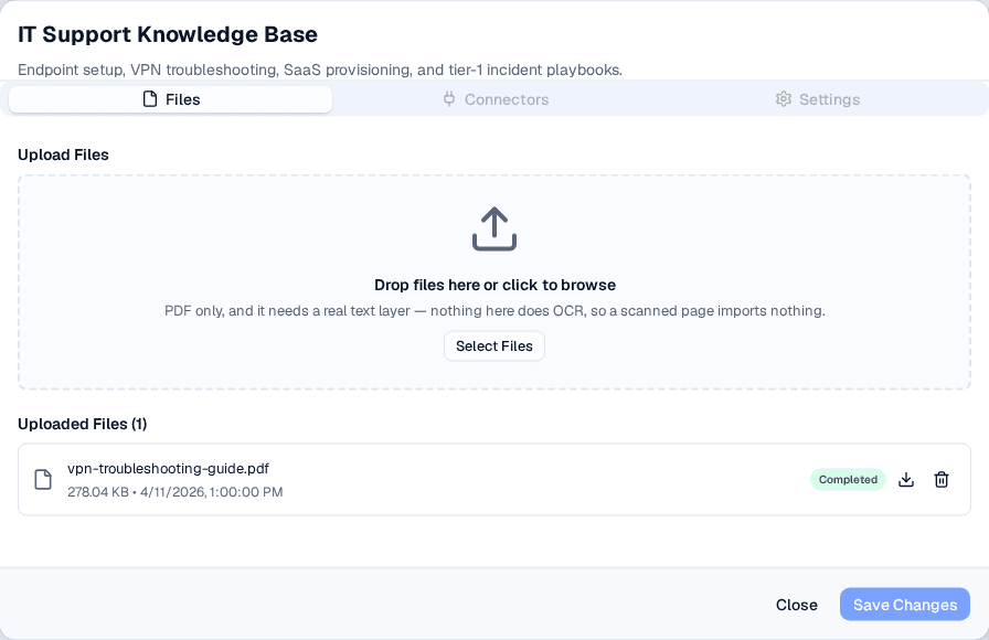 Knowledge pack details modal open on the Files tab, showing the upload drop zone and the pack's one processed source