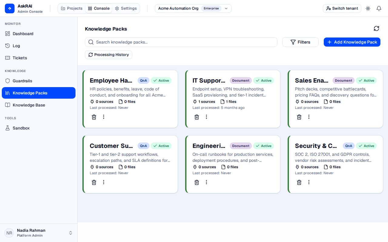 Knowledge Packs page showing pack cards with search, filters, and add button