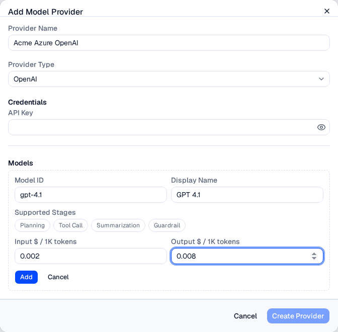 The Add Model Provider dialog with the Add Model form expanded, showing Model ID, Display Name, Supported Stages, and the Input and Output dollar-per-1K-token price fields filled in
