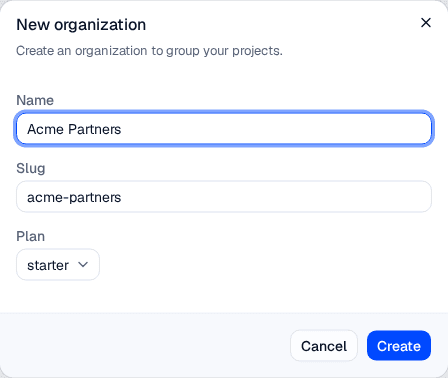 The New organization dialog with Name set to Acme Partners, a slug of acme-partners derived automatically, and a Plan select