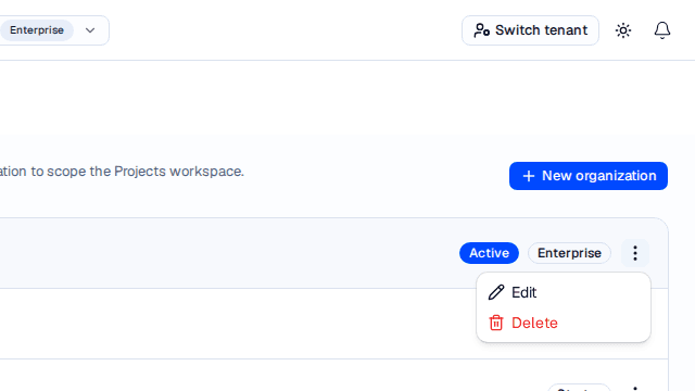 An organization row's actions menu open, showing Edit and a destructive Delete option