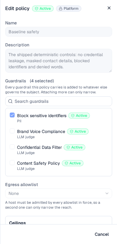 The editor open on the platform policy Baseline safety, with every field read-only and no Save button