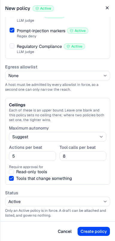 The policy editor showing the guardrail picker, the egress allowlist selector and the Ceilings block with autonomy, per-beat limits and approval