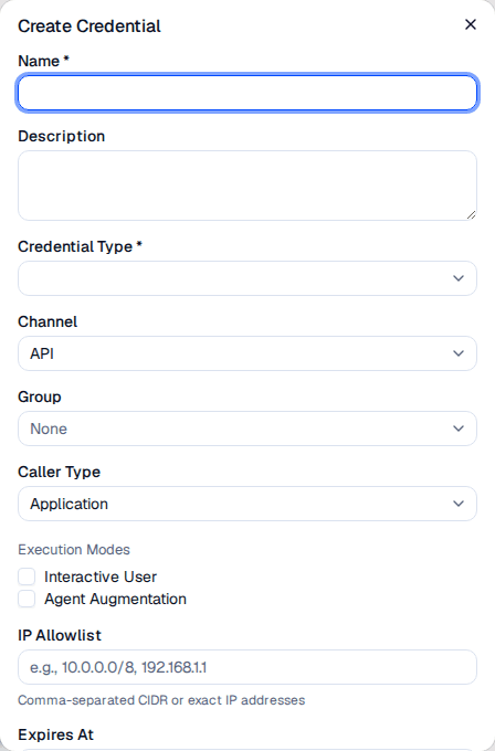 Create Credential dialog with name, description, type, channel, group, caller type, execution modes, and rate limit sections