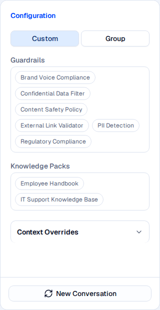Configuration panel showing mode selection, guardrails, and knowledge packs