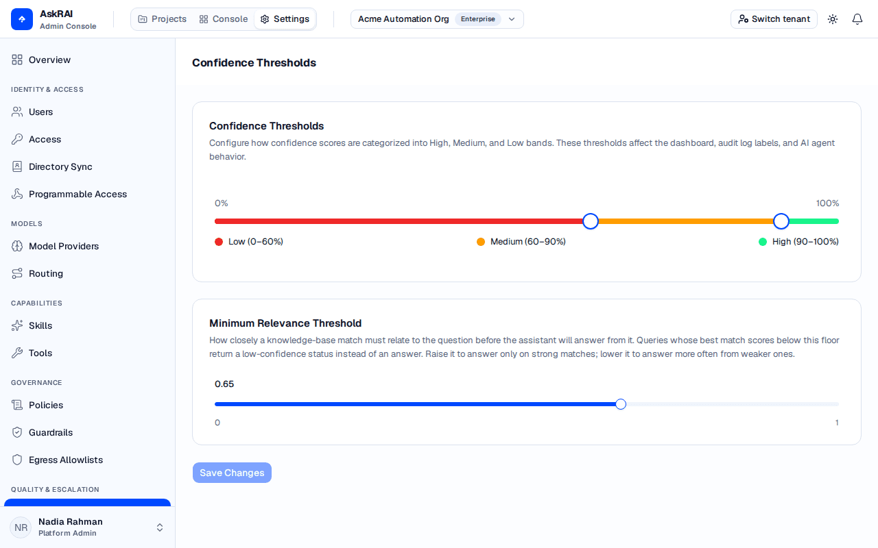Settings page showing the Confidence Thresholds section with both the banding slider and the minimum relevance slider
