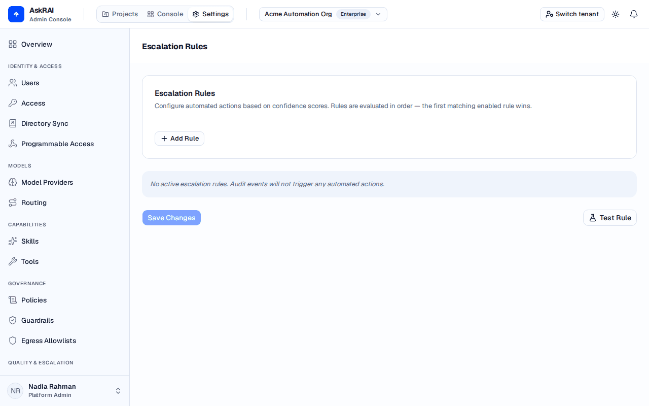 Settings page showing the Escalation Rules section with rule cards