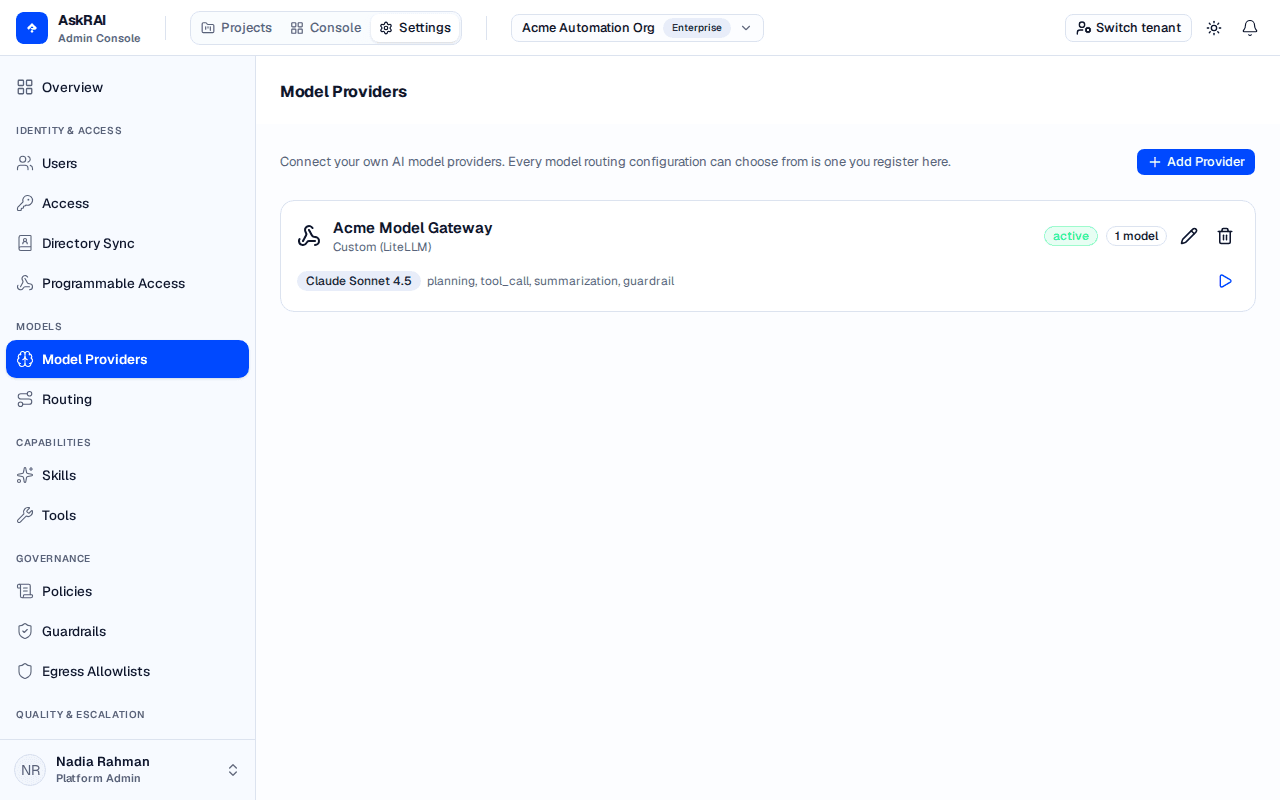 Model Providers page listing one connected provider with its status, enabled model, and the stages that model serves
