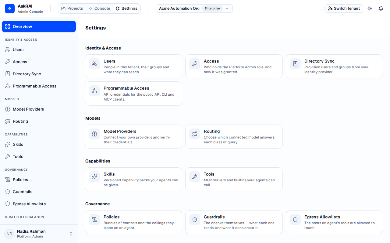 The Settings overview page showing every area as a card, grouped into Identity & Access, Models, Capabilities and Governance