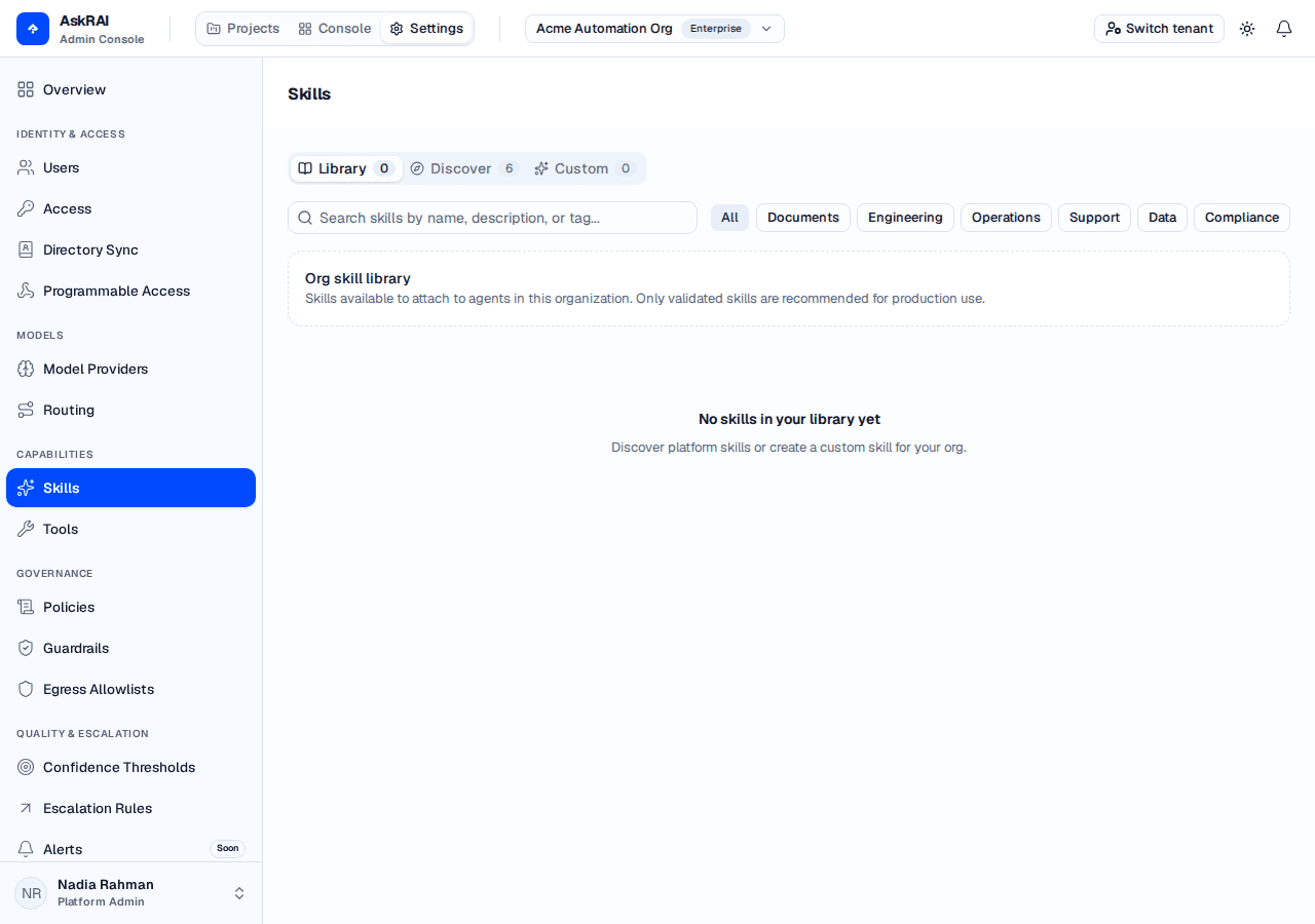 The Library tab holding a custom skill and an adopted platform skill, one offering Delete and the other Remove from org