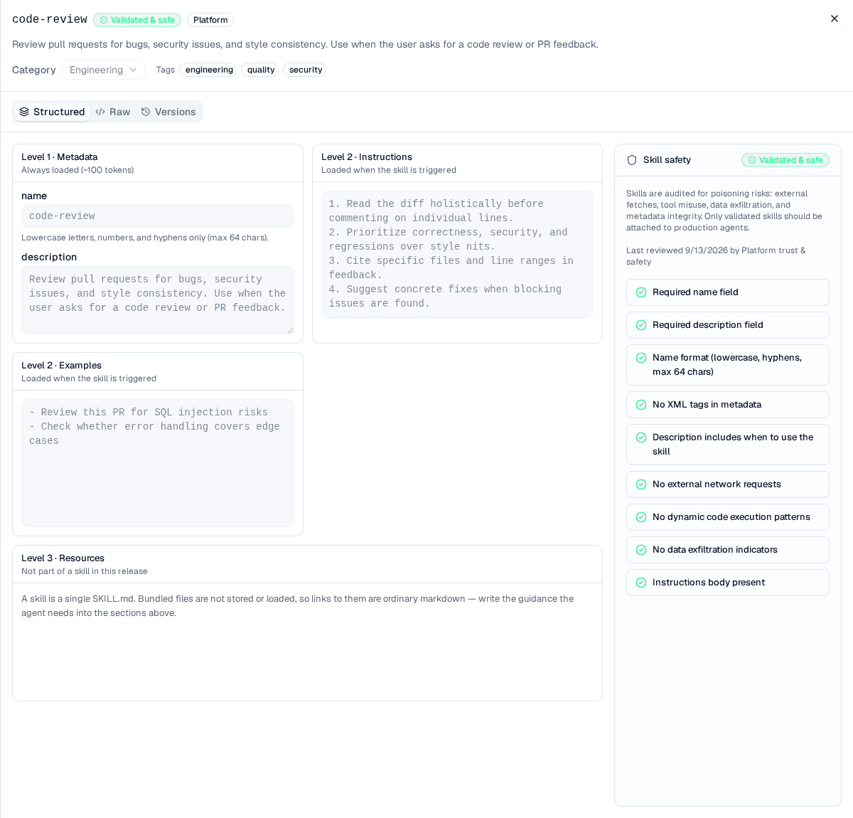 The read-only sheet for the platform skill code-review, with greyed-out fields, the three progressive-disclosure levels and a fully passing safety panel
