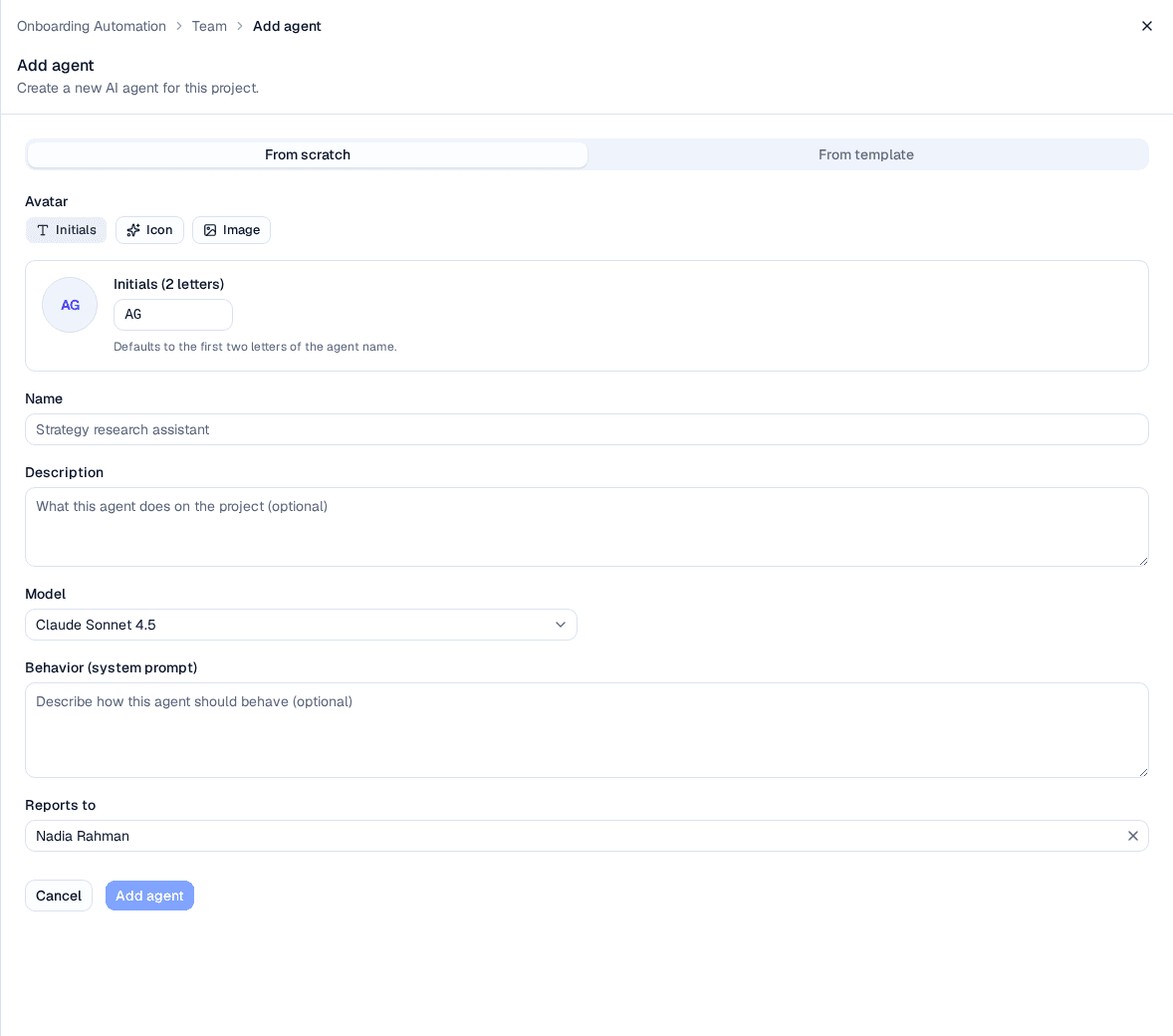 The Add agent panel with avatar, name, description, model, behavior, and reports-to fields
