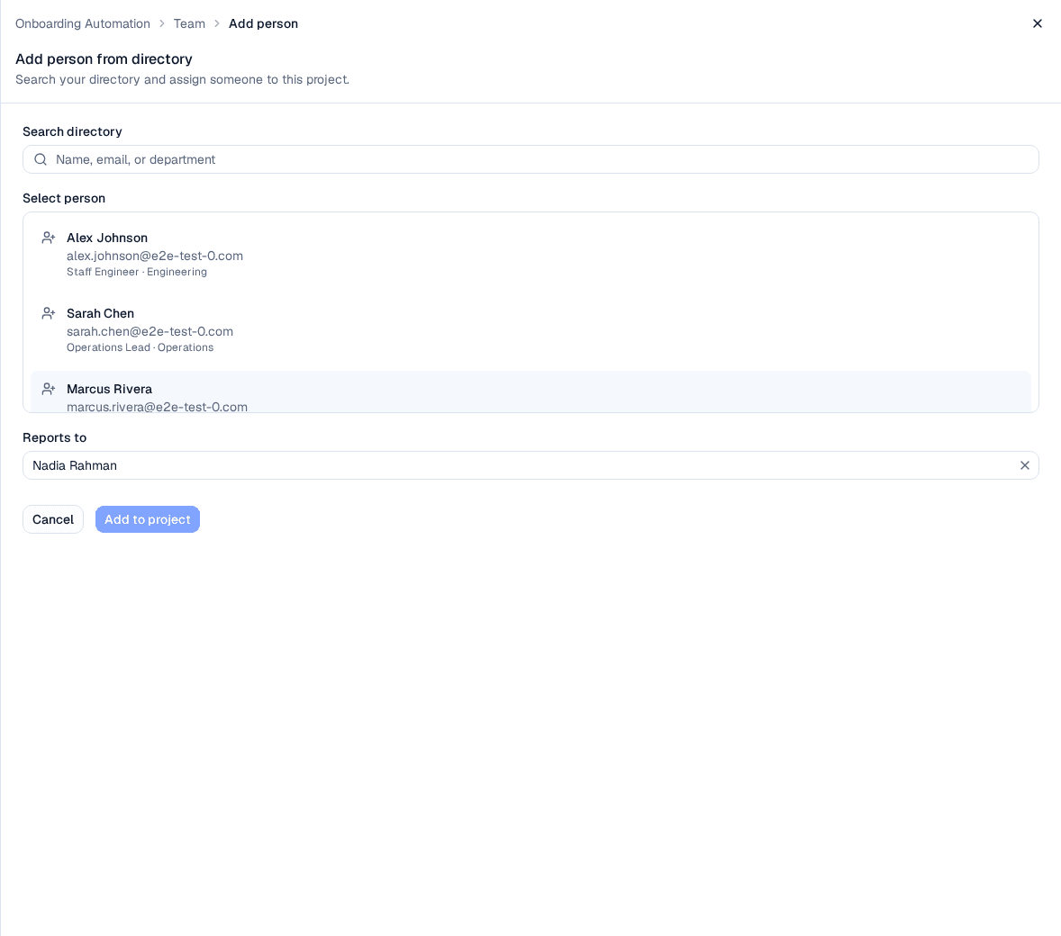 The Add person panel with a directory search, a list of matching people, and a Reports to selector