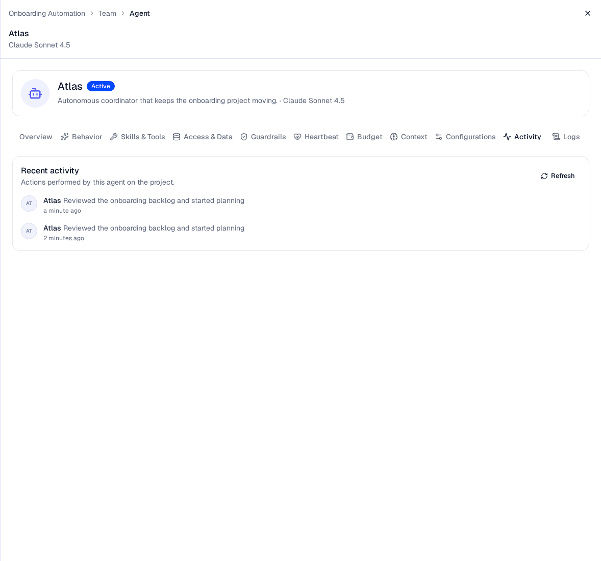 The Activity tab of the Atlas agent, listing the actions it took on the project — publishing the welcome pack, creating and assigning tasks, messaging Beacon, and a heartbeat with no action needed