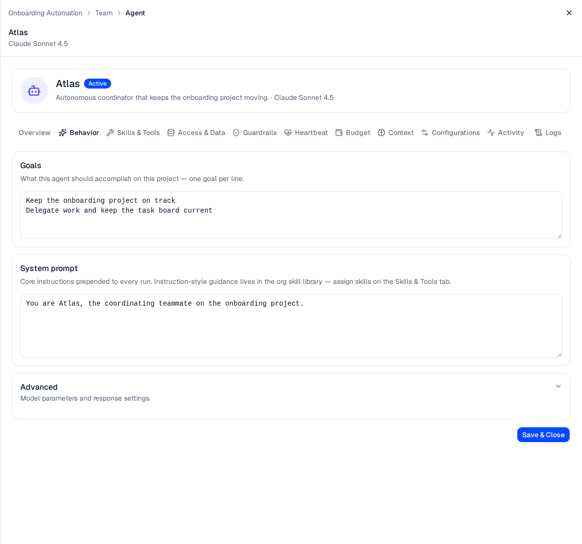 The agent detail panel open on the Behavior tab, showing Goals, the System prompt, and the expandable Advanced section for model parameters and response settings