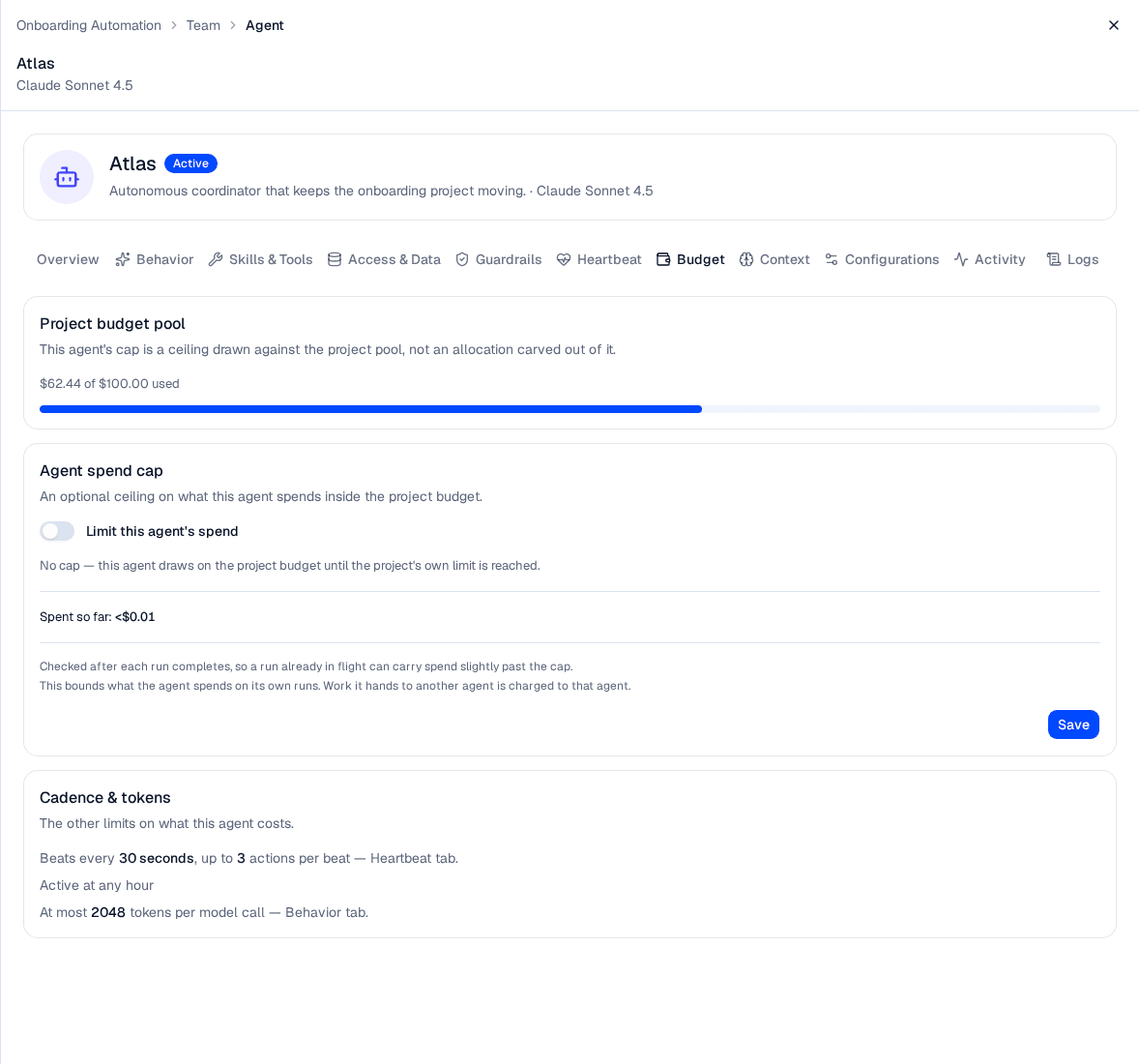 The Budget tab of the Atlas agent: the project budget pool with its progress bar, an enabled spend cap of $25.00 with the amount field and its hint, the spend so far, and the Cadence & tokens summary