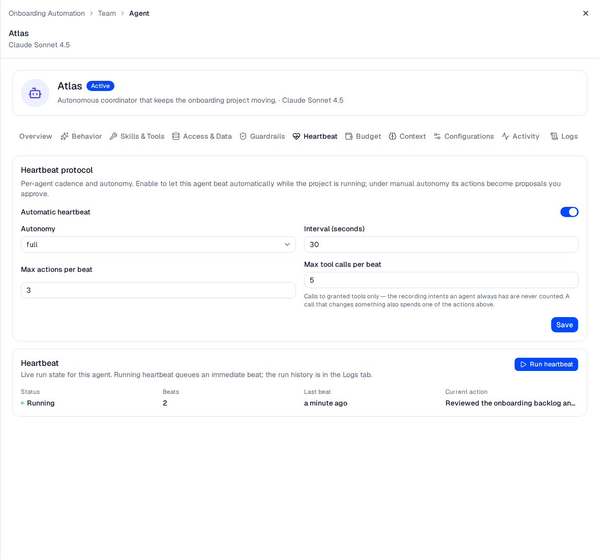 The Heartbeat tab in an agent's detail panel: the Heartbeat protocol card with automatic heartbeat, autonomy, interval, max actions and max tool calls per beat, above the live run state