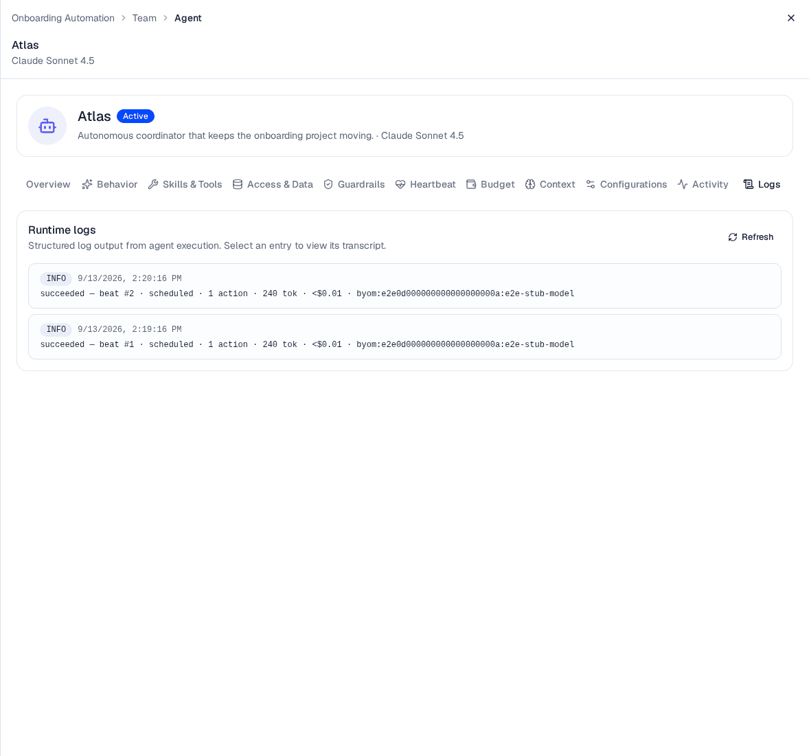 The Logs tab of the Atlas agent, showing five beats with INFO, WARN, and ERROR level badges, each summarizing the trigger, action count, token usage, cost, and model