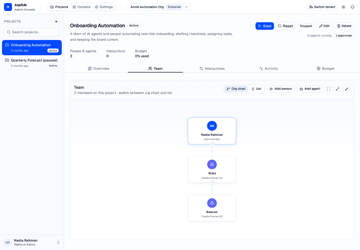 The Team tab in org chart view, showing Sarah Chen at the top with people and AI agents reporting to her