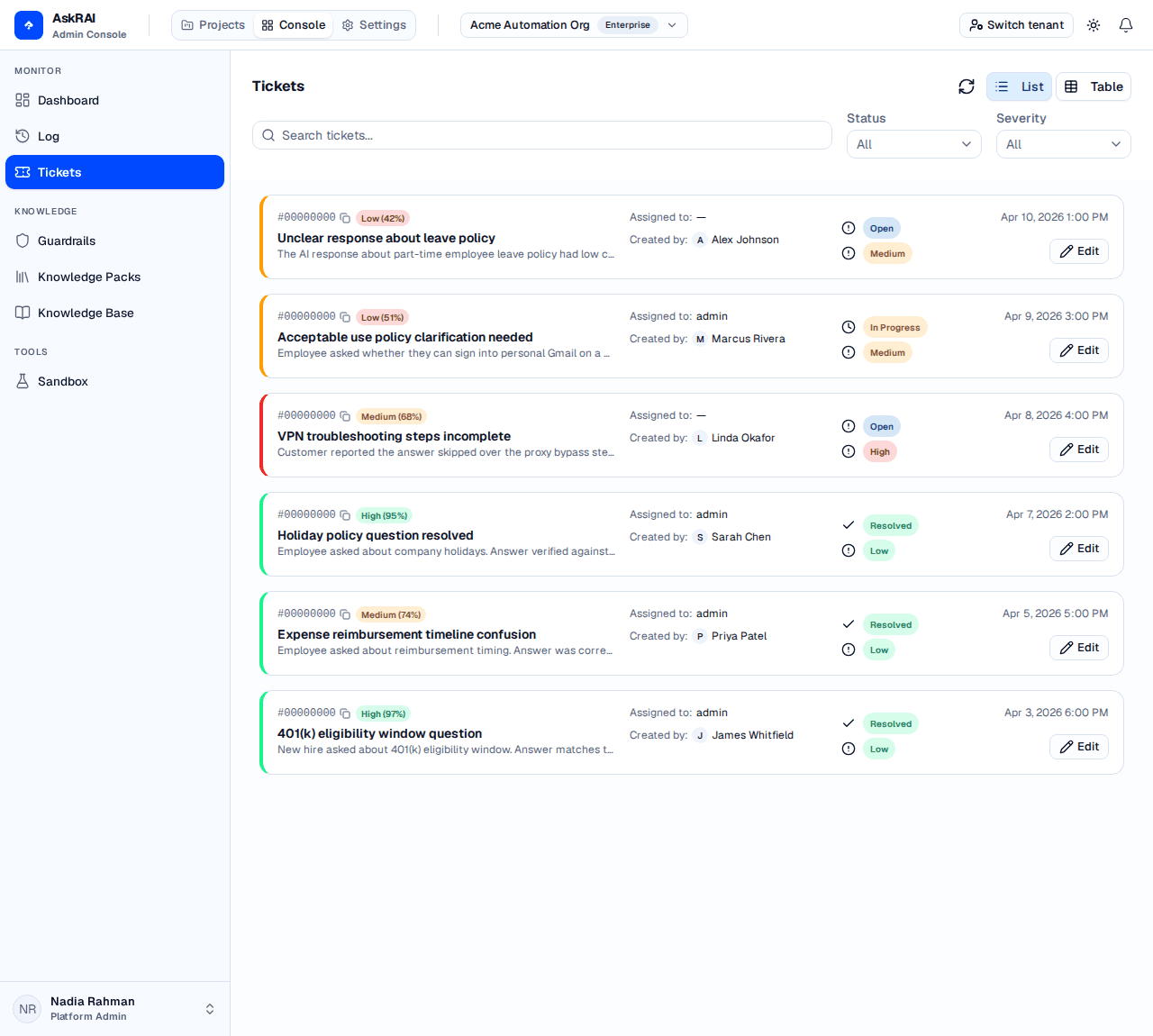 Tickets page showing a list of escalated tickets with status and severity indicators