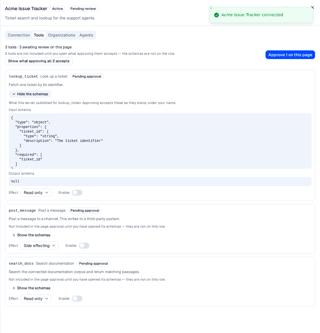 One tool's disclosure open, showing the input and output schemas the server published, with the page approval now counting that row