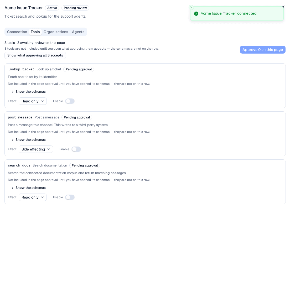 The Tools tab of a newly connected server: three tools all marked Pending approval, the line saying three are not included until their schemas are opened, and Approve 0 on this page disabled