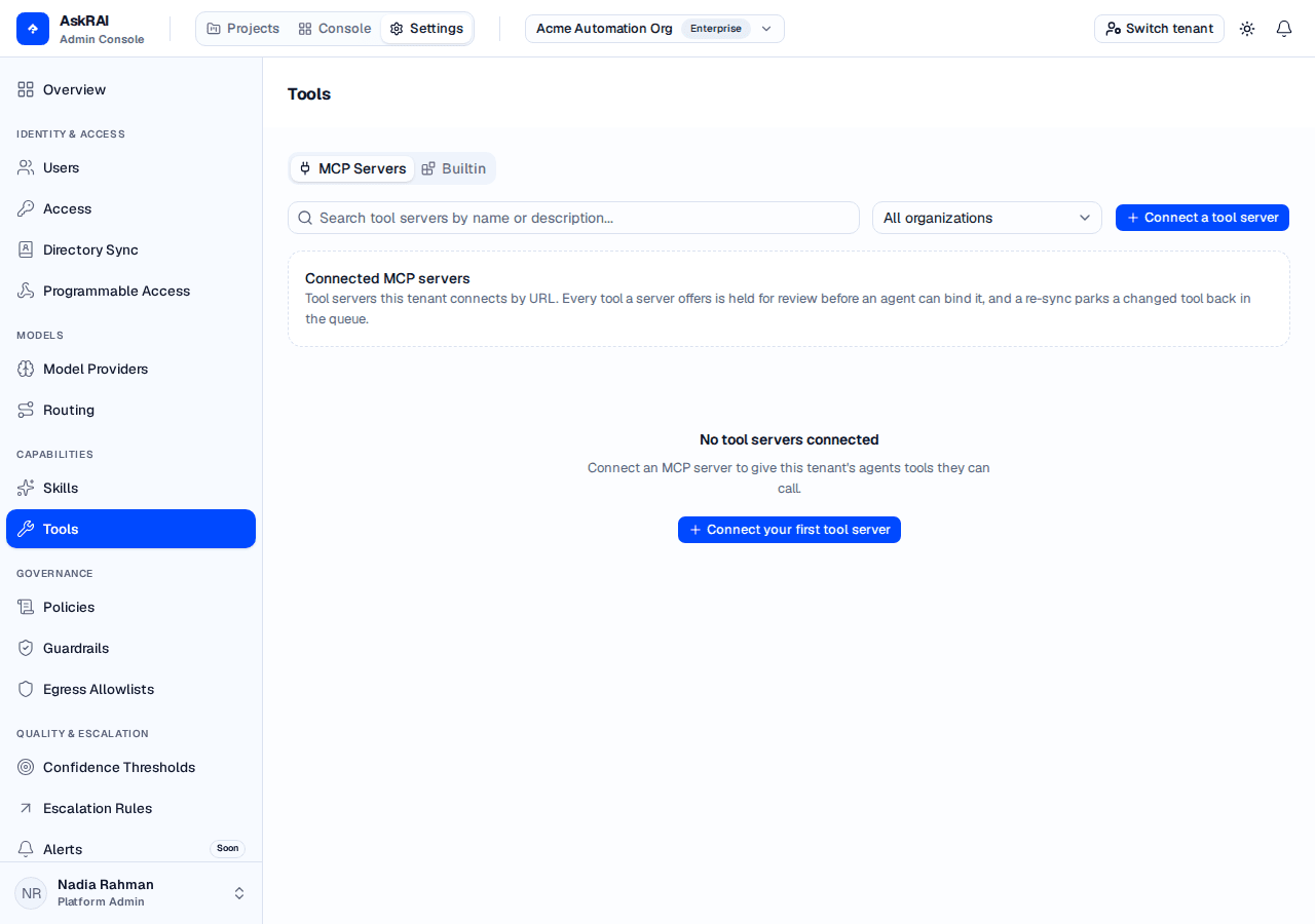 The Tools page with nothing connected, showing the MCP Servers and Builtin tabs and the empty state