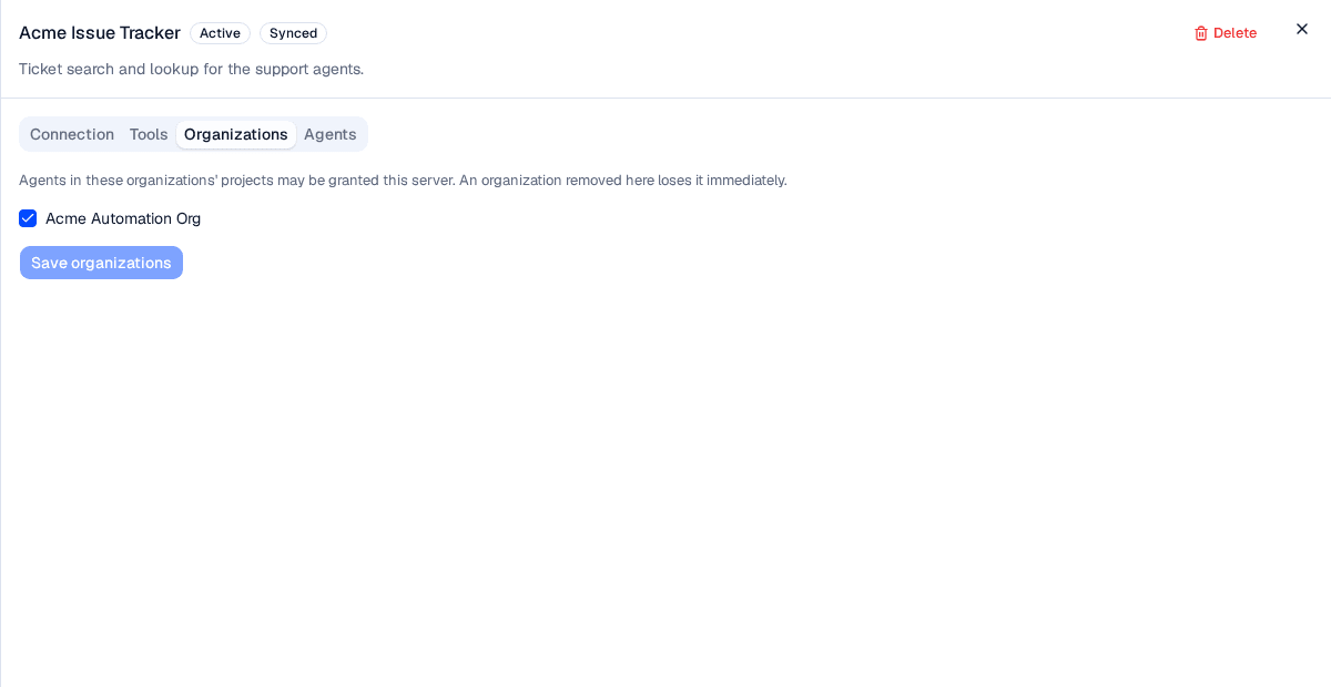 The Organizations tab of a connected server, with the Acme Automation Org ticked and Save organizations