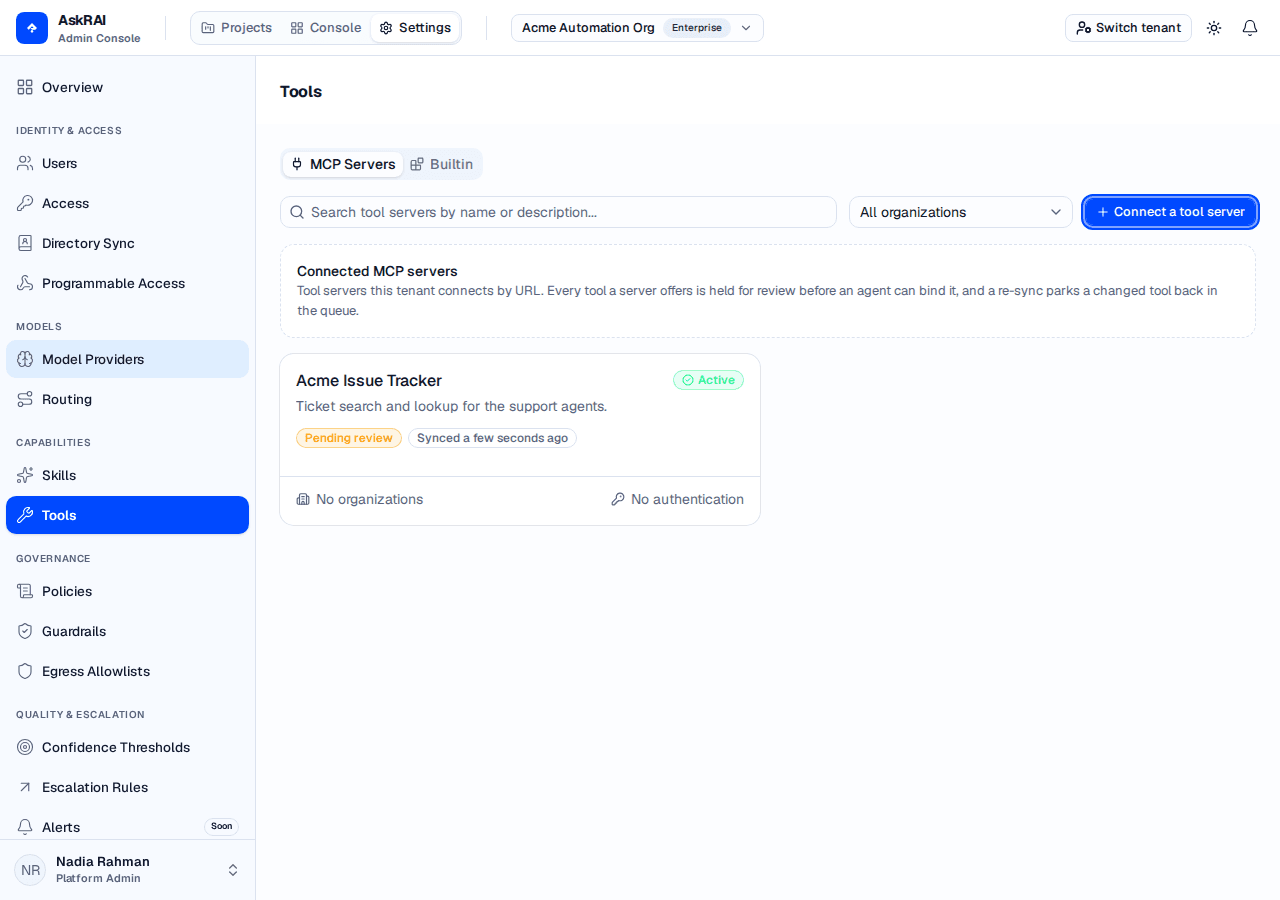 The Tools page listing the connected Acme Issue Tracker server with its Active and Synced badges, the time of the last sync, the organization count and its authentication