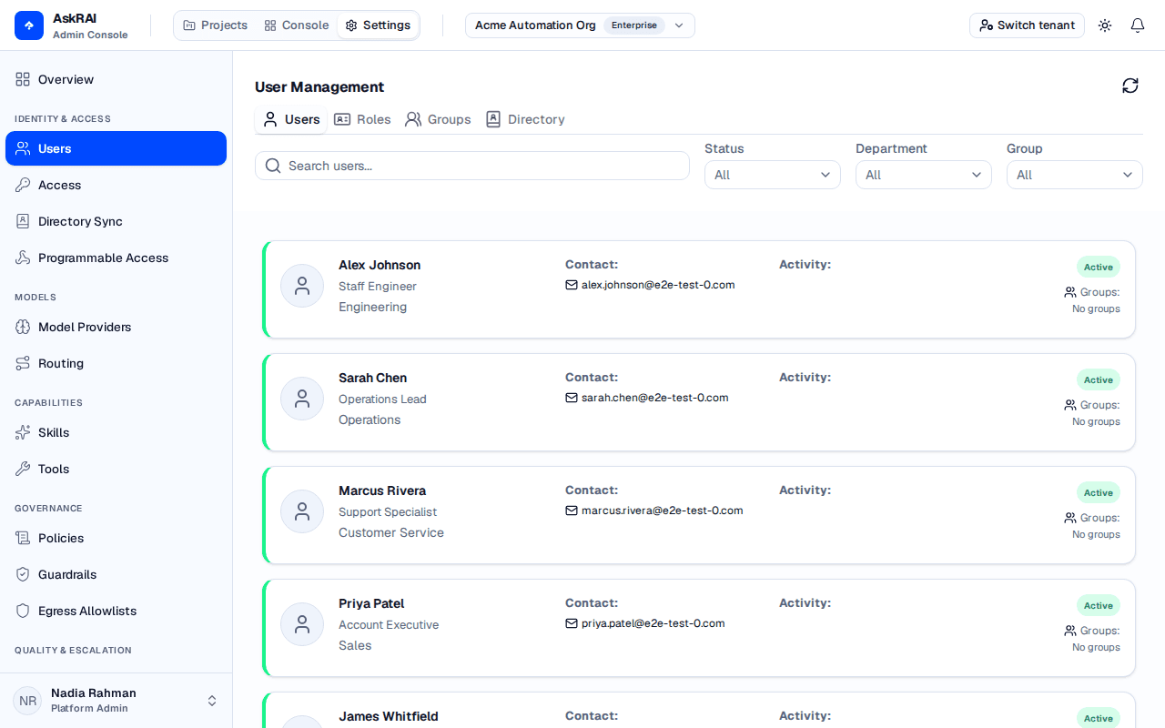 The User Management page under Settings, showing the Users tab with user cards and status indicators
