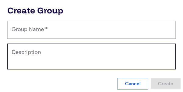 Create Group dialog with name and description fields