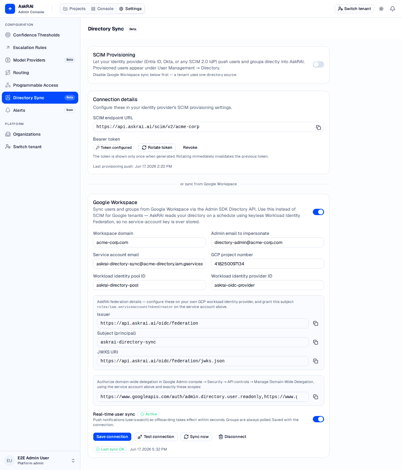 The Directory Sync settings page showing the SCIM Provisioning card with connection details and the Google Workspace card configured and actively syncing