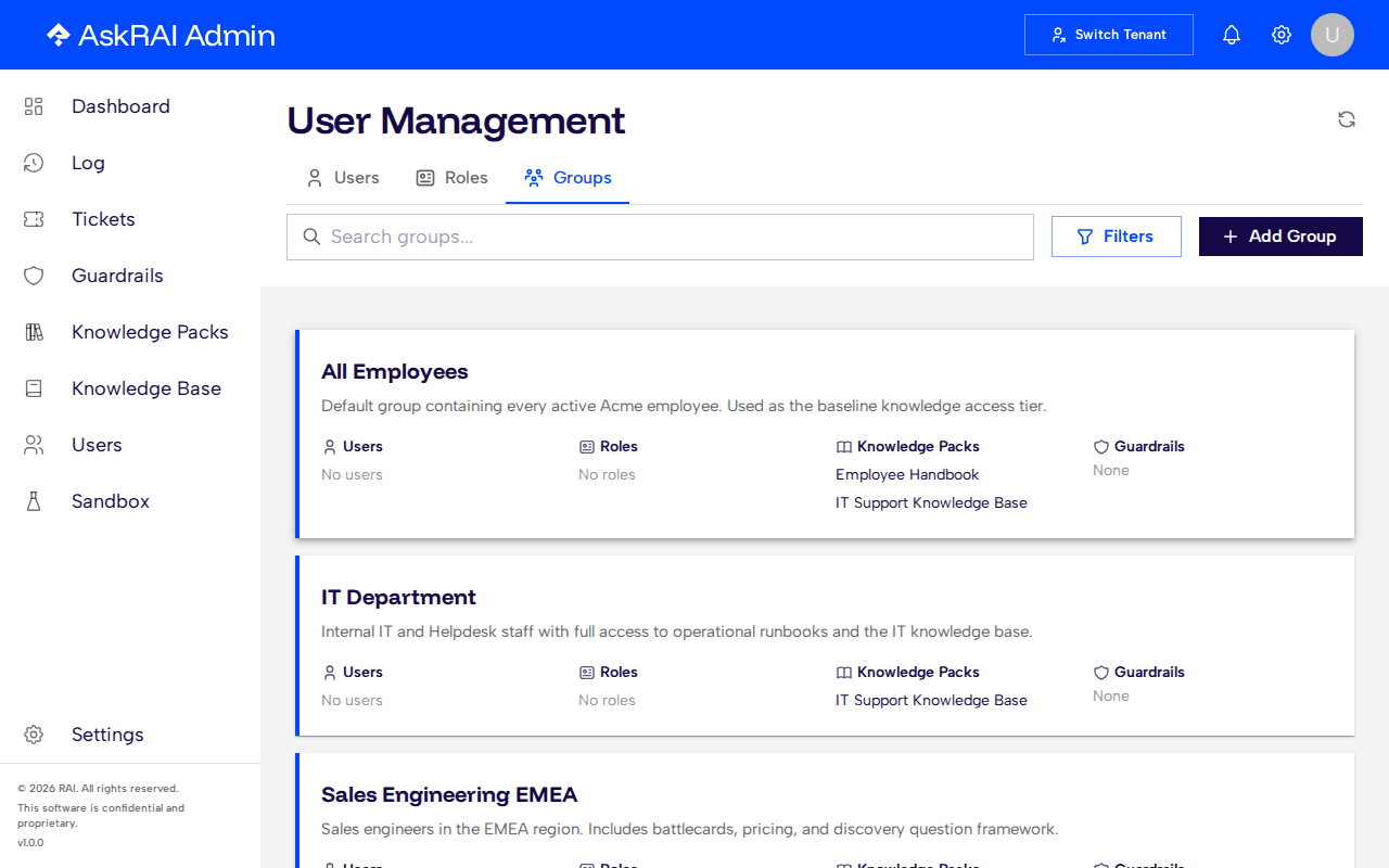 Groups tab showing group cards with members, roles, knowledge packs, and guardrails