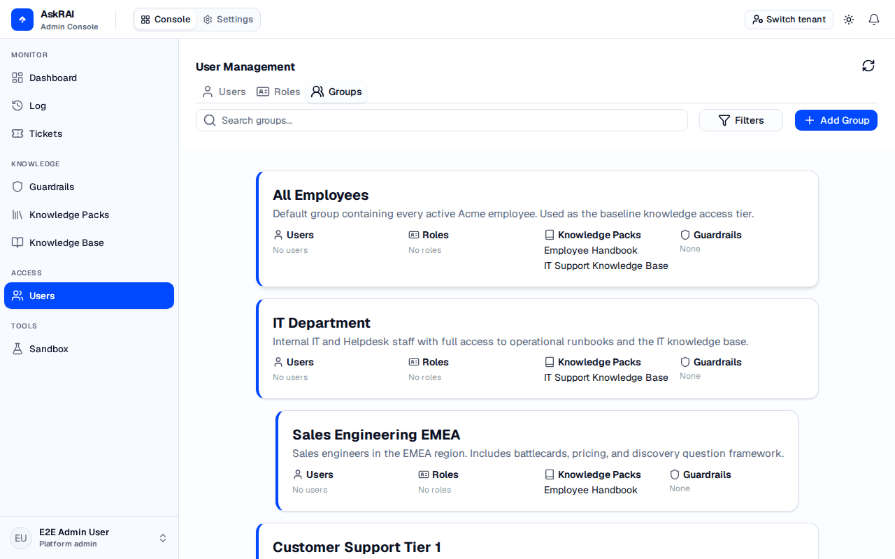 Groups tab showing group cards with members, roles, knowledge packs, and guardrails