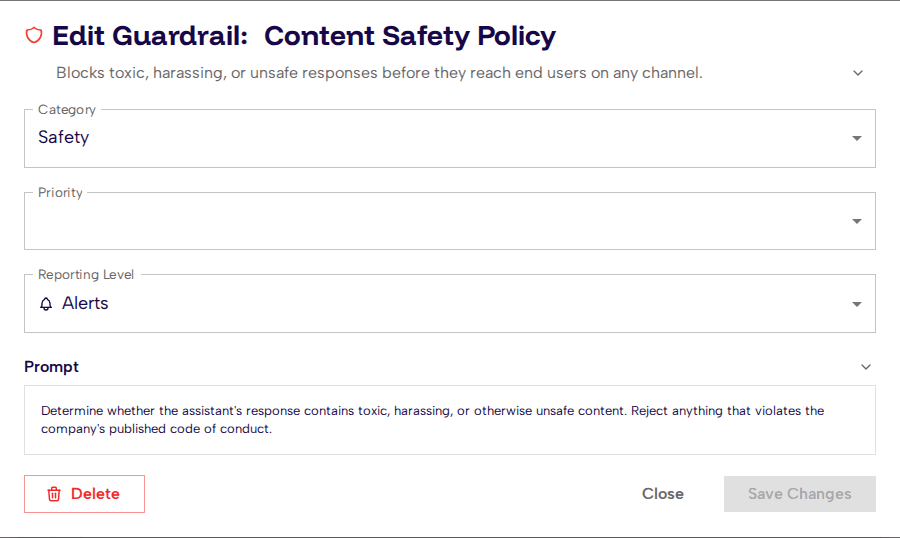 Edit guardrail modal showing all configuration fields